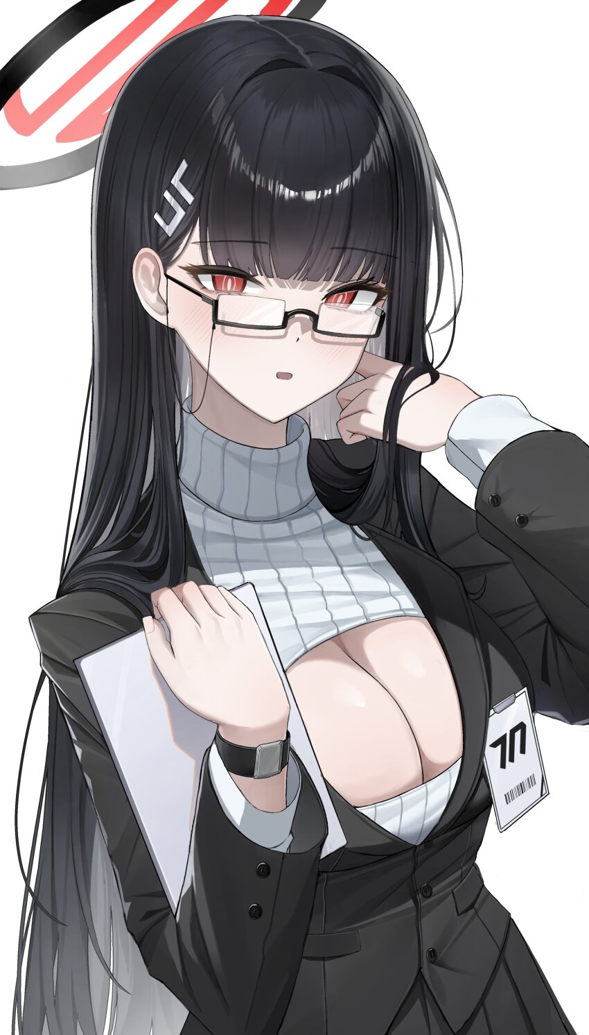 1girl absurdres alternate_costume black_hair black_halo blue_archive breasts bright_pupils cleavage glasses halo highres holding holding_tablet_pc id_card long_sleeves pang-yo red_eyes rio_(blue_archive) solo tablet_pc white_pupils