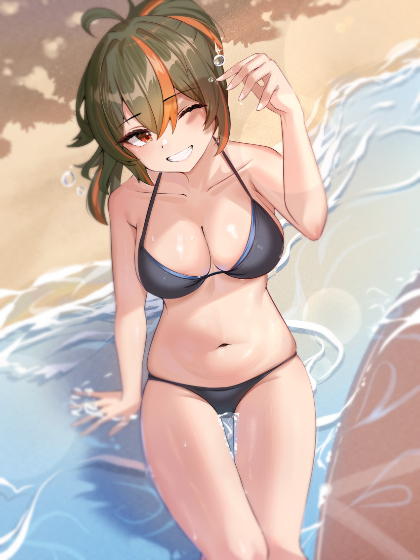1girl absurdres arm_support beach bikini black_bikini black_hair breasts clenched_teeth collarbone covering_head fingernails halterneck highres large_breasts looking_to_the_side navel one_eye_closed open_mouth partially_submerged ponytail red_hair solo stomach surfboard swimsuit teeth thigh_gap tokuya water zenless_zone_zero zhu_yuan
