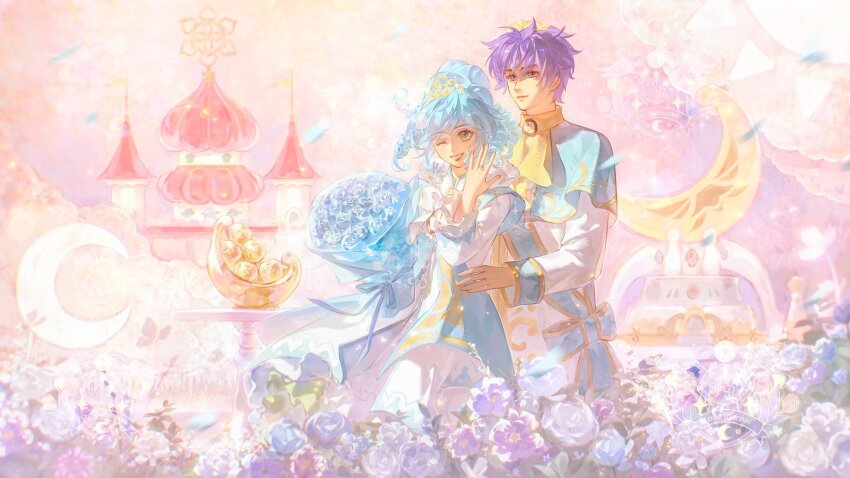 1boy 1girl aged_up artist_request ascot blue_bow blue_capelet blue_dress blue_flower blue_hair blue_rose blue_sleeve_cuffs bouquet bow bowtie bug bush butterfly capelet castle closed_mouth coat collared_dress commission couple cowboy_shot crescent crown dress drill_hair eyelashes flower frilled_sleeves frills fushigiboshi_no_futago_hime gold_crown gold_tiara green_eyes grin hair_between_eyes hair_bun hand_on_another&#039;s_hip hand_on_own_cheek hand_on_own_face happy hetero high_collar highres holding holding_bouquet insect layered_dress light_particles lips lipstick long_dress long_sleeves looking_ahead magical_girl makeup medium_hair messy_hair outdoors pink_sky prince princess purple_eyes purple_flower purple_hair purple_rose red_lips rein_(futagohime) rein_(prominence_dress_up)_(futagohime) rose second-party_source shade_(futagohime) short_hair single_hair_bun sky smile sun_symbol sunrise updo waist_bow watermark white_bow white_bowtie white_brooch white_coat white_dress yellow_ascot