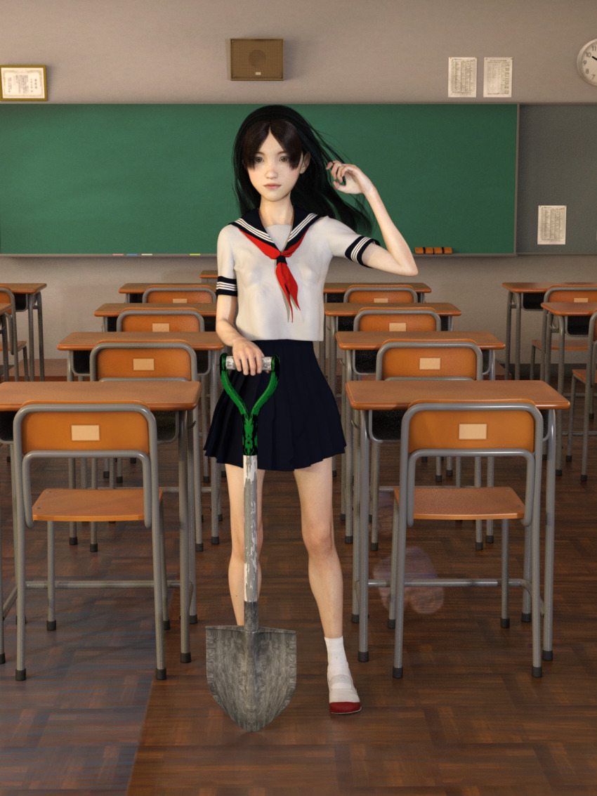 1girl 3d artist_request black_hair blush classroom female_focus flat_chest full_body highres looking_at_viewer school_uniform serafuku shovel solo tagme
