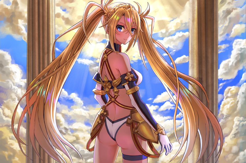 1girl armor ass bare_shoulders bikini blonde_hair blue_bikini blue_eyes blue_sky bradamante_(fate) bradamante_(third_ascension)_(fate) braid breasts butt_crack crown_braid dousunnen elbow_gloves fate/grand_order fate_(series) faulds gloves hair_between_eyes highleg highres long_hair looking_at_viewer multicolored_bikini sky solo swimsuit thigh_strap thighs twintails two-tone_bikini very_long_hair