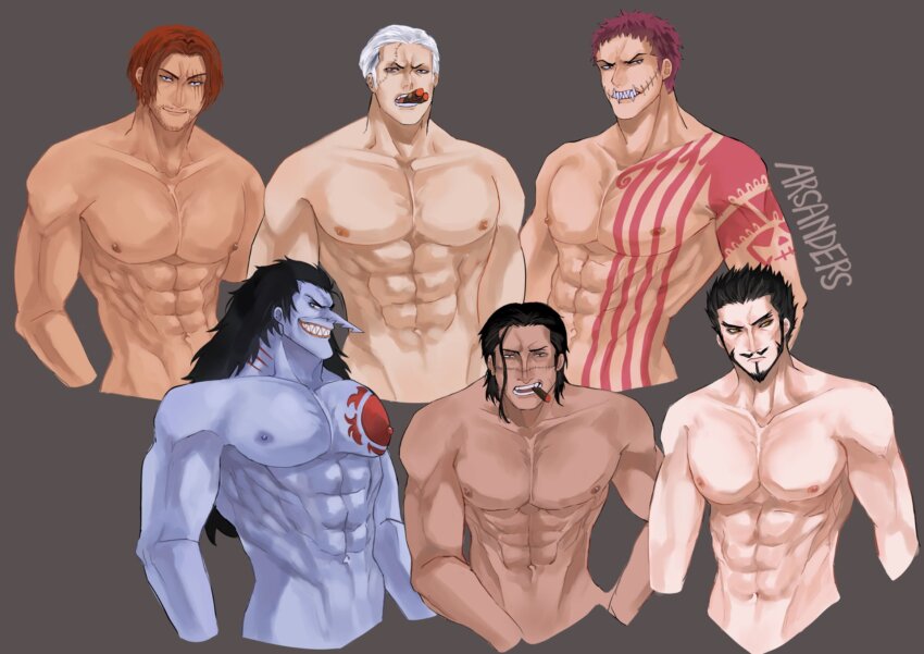 6+boys abs alternate_pectoral_size arlong arxanderxeponkbob bara beard beard_stubble bodypaint charlotte_katakuri cigar colored_skin completely_nude crocodile_(one_piece) cropped_legs dark-skinned_male dark_skin dracule_mihawk facial_hair fish_boy full_beard grey_skin highres large_pectorals long_hair long_nose looking_at_viewer male_focus mature_male monster_boy multiple_boys muscular muscular_male navel nipples nude one_piece pectorals pencil_mustache red_hair seductive_smile shanks_(one_piece) sharp_teeth short_hair shredded_muscles smile smoker_(one_piece) smoking standing stomach stubble teeth v-taper