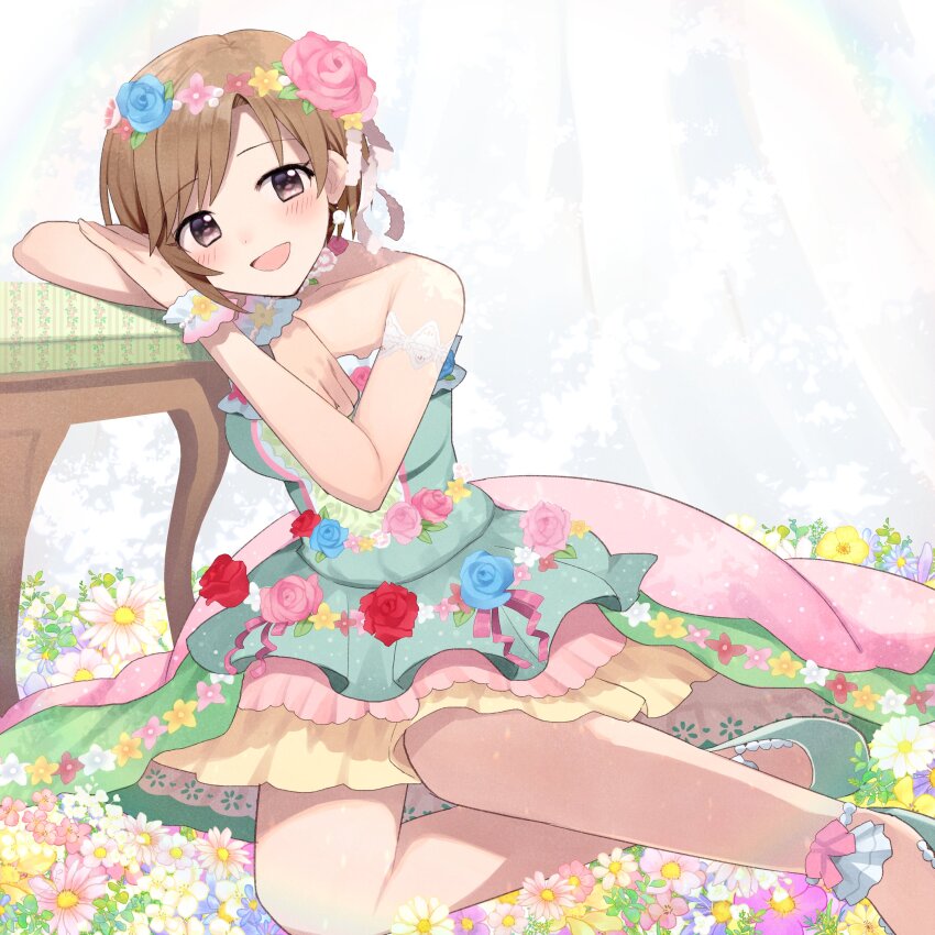 1girl absurdres aiba_yumi bare_shoulders blue_flower blue_scrunchie blush bow breasts brown_eyes brown_hair chair collarbone dot_nose dress earrings flower flower_wreath green_footwear gum_(vivid_garden) hair_bow hair_flower hair_ornament hair_ribbon head_rest high_heels highres idolmaster idolmaster_cinderella_girls idolmaster_cinderella_girls_starlight_stage jewelry looking_at_viewer medium_breasts multicolored_dress on_flower open_mouth pink_flower red_flower ribbon scrunchie short_hair sitting smile solo white_ribbon wrist_scrunchie yellow_flower yokozuwari