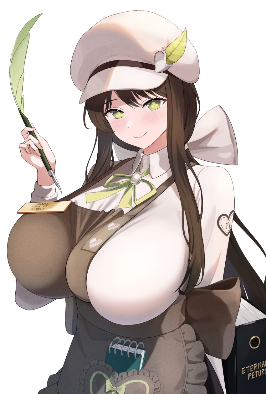 1girl absurdres apron arm_behind_back black_survival blue_eyes book bow bow_apron breasts brown_apron brown_hair collared_shirt copyright_name eternal_return:_black_survival frilled_apron frills from_side green_eyes green_ribbon gweon_sua hair_between_eyes hand_up hat highres holding holding_quill huge_breasts long_sleeves looking_at_viewer name_tag neck_ribbon notepad quill ribbon schoppi_0731 shirt shirt_bow simple_background smile solo standing striped_clothes upper_body vertical-striped_clothes white_background white_hat white_shirt