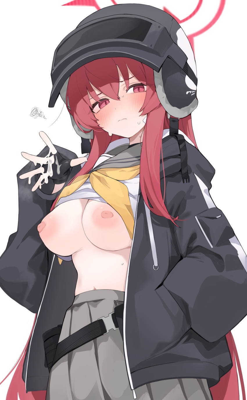 1girl black_helmet black_jacket blue_archive blush breasts closed_mouth cum cum_on_body cum_on_hands grey_skirt halo hand_in_pocket helmet highres jacket large_breasts long_hair looking_at_viewer mikozin neckerchief nipples open_clothes open_jacket pleated_skirt rabu_(blue_archive) red_eyes red_hair red_halo school_uniform serafuku shirt simple_background skirt solo sweat very_long_hair white_background white_shirt yellow_neckerchief