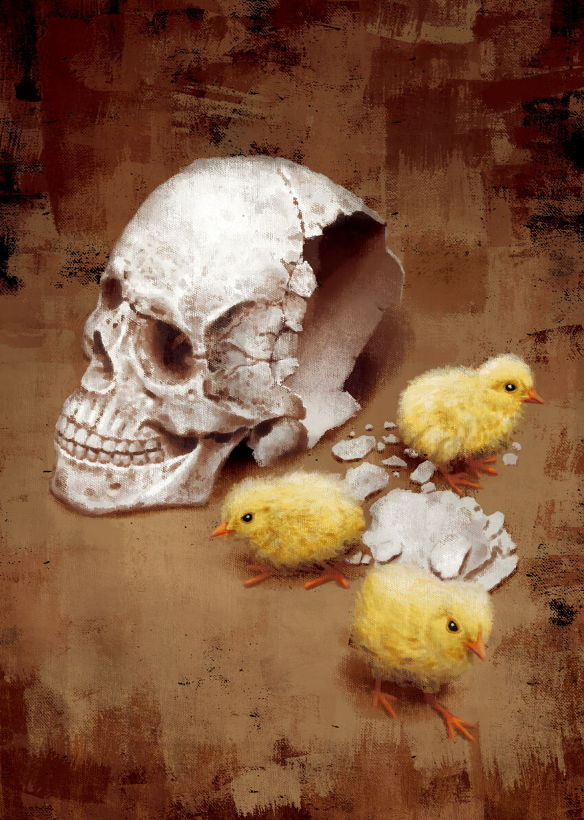animal animal_focus baby_animal bird black_eyes bright_pupils brown_background canvas_texture chick closed_mouth commentary cracked_shell cracked_skull highres no_humans original realistic sadajiro shell skull white_pupils