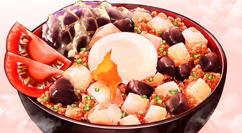 bowl commentary_request egg_(food) food food_focus highres mapo_tofu no_humans ooranokohaku original softboiled_egg still_life tomato tomato_slice