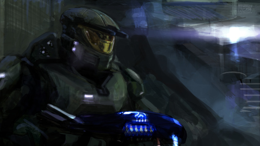 1boy armor assault_visor commentary energy_gun english_commentary gun halo:_combat_evolved halo_(series) highres holding holding_gun holding_weapon master_chief plasma_rifle power_armor rythayze science_fiction solo spartan_(halo) weapon
