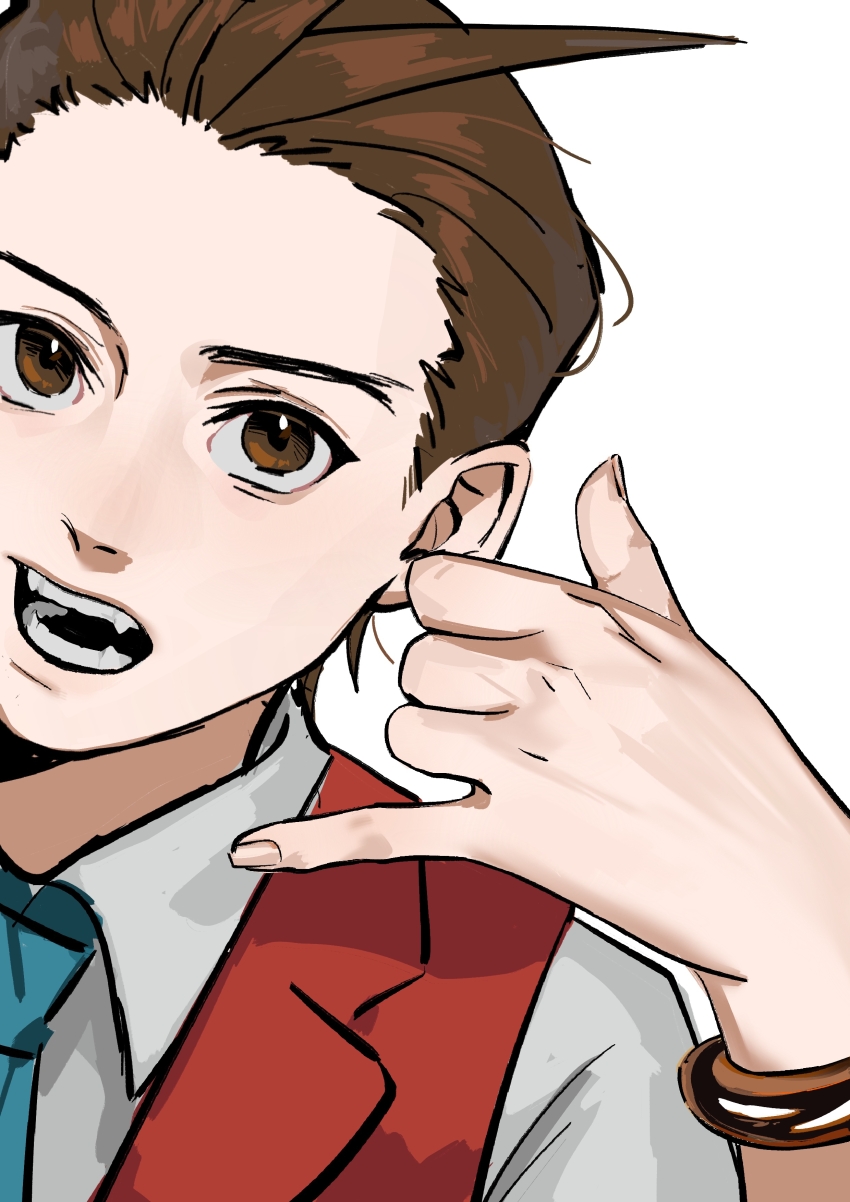 1boy absurdres ace_attorney apollo_justice apollo_justice:_ace_attorney arm_up baishangwuding bracelet brown_eyes brown_hair chinese_commentary collared_shirt commentary_request fangs fingernails hair_slicked_back highres jewelry lapels looking_at_viewer male_focus notched_lapels open_mouth red_vest shirt short_hair simple_background solo teeth upper_body vest white_background white_shirt wing_collar