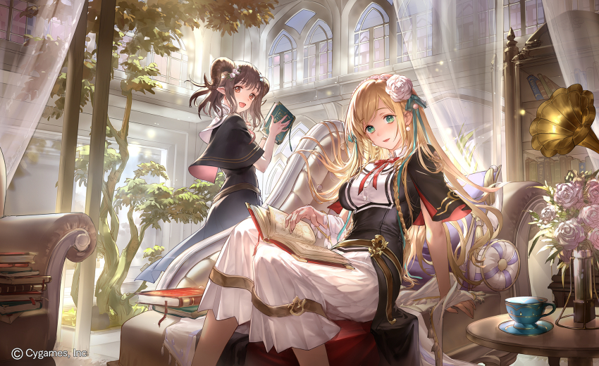 2girls aqua_ribbon arm_support black_dress black_horns blonde_hair book bow bowtie braid brown_eyes brown_hair buttons chaise_longue collared_dress commentary_request couch cup curtains day dress earrings feet_out_of_frame flower flower_pot green_eyes hair_flower hair_ornament hair_ribbon hairband highres holding holding_book horns indoors jewelry liiko long_dress long_hair looking_at_viewer multiple_girls official_art on_couch open_book open_mouth parted_lips phonograph pointy_ears purple_flower red_bow ribbon sailor_collar see-through_curtains shadowverse shelf short_sleeves sidelighting sidelocks sitting standing tree white_dress white_flower white_sailor_collar wide_shot