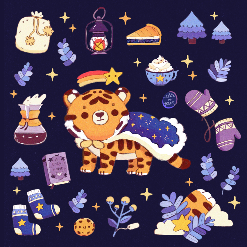 artist_name book cape cloud commentary cookie cup ellievsbear english_commentary fern food full_body fur_trim gas_lantern highres lantern mittens mug no_humans original pie plant shooting_star_(symbol) signature simple_background socks solid_circle_eyes sparkle standing teacup tiger tree winter