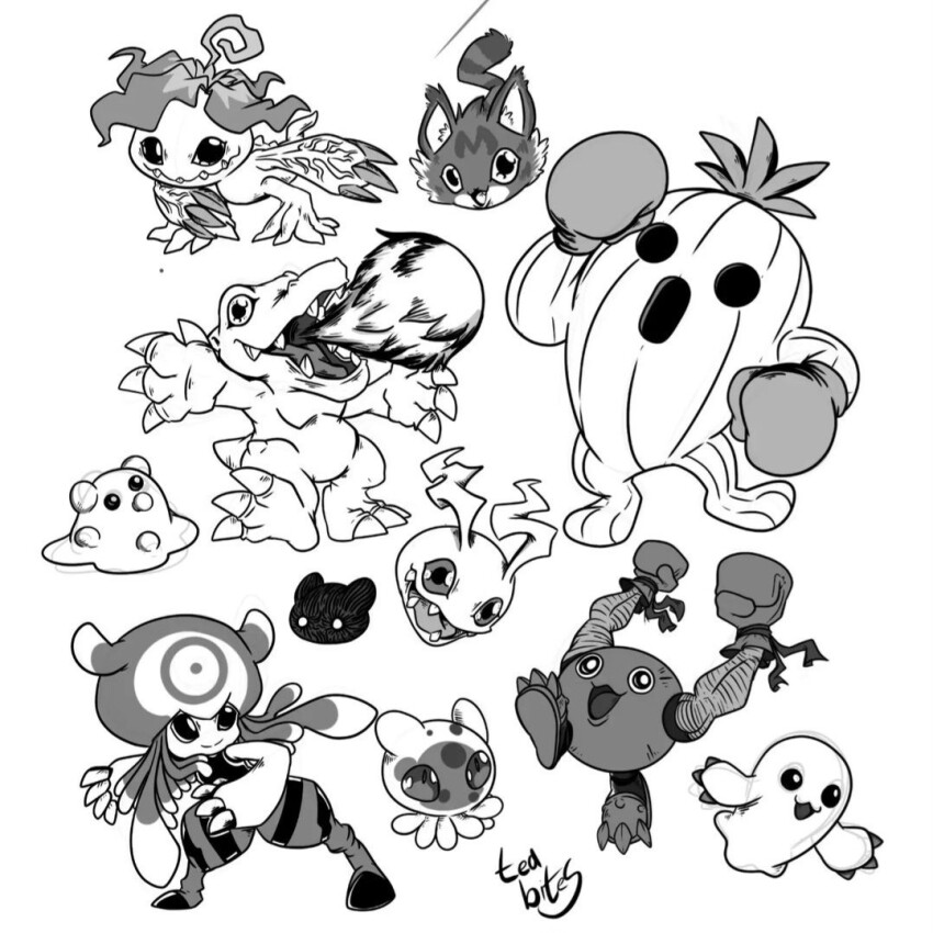 agumon botamon boxing_gloves bubbmon digimon digimon_(creature) gloves jellyfish_girl jellymon koromon mamemon mochimon monster_girl palmon puyoyomon sharp_teeth teeth tentacle_hair tentacles togemon wanyamon