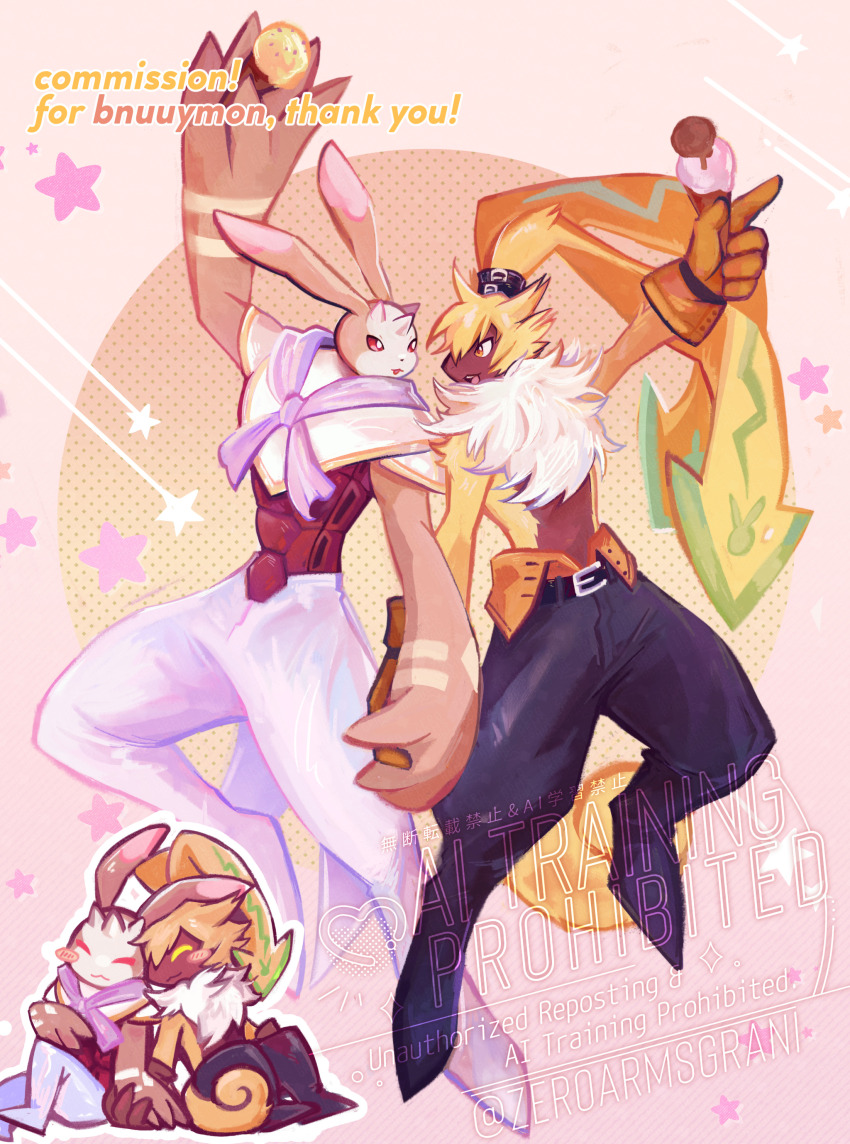 andiramon_(deva) belt digimon digimon_(creature) happy holding_hands horns long_ears scarf smile symbareangoramon
