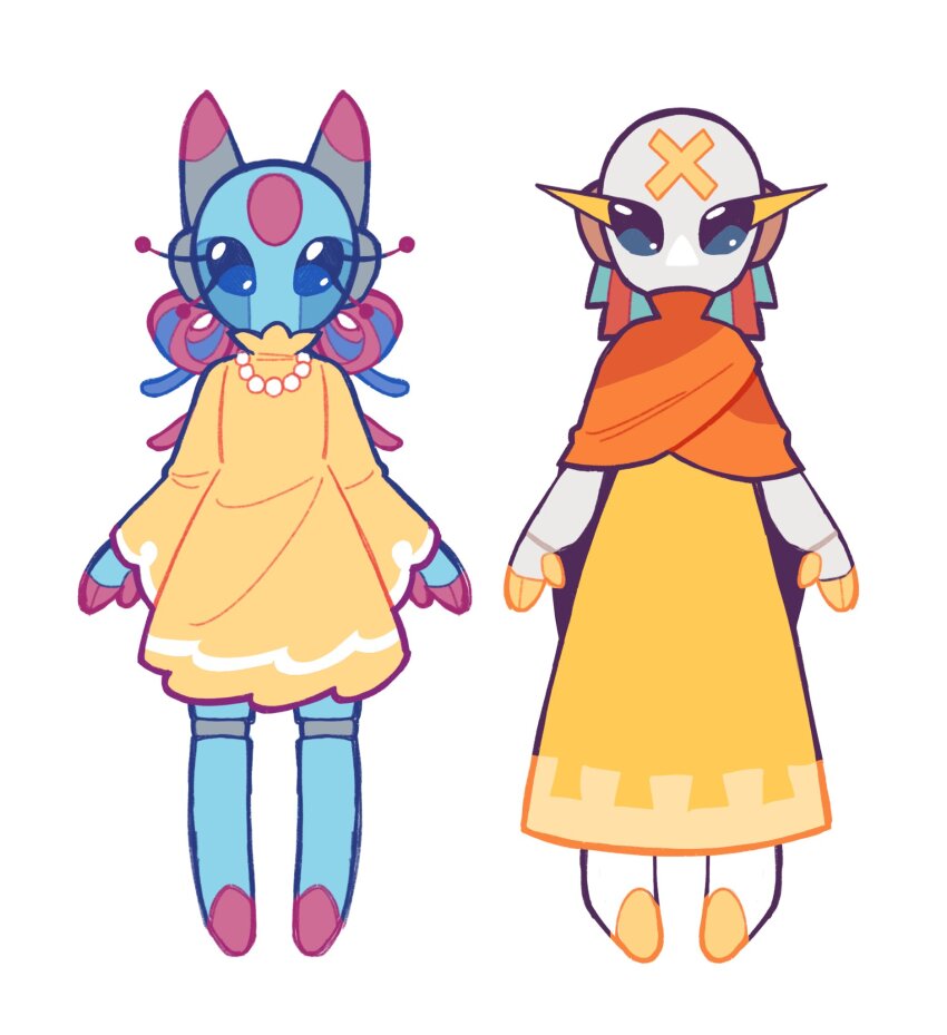 2girls androgynous barefoot blue_eyes blue_hair blue_skin cable cable_hair cape circle_facial_mark colored_skin commentary dress english_commentary facial_mark forehead_mark highres humanoid_robot iterator_(rain_world) jewelry joints long_eyelashes looks_to_the_moon multiple_girls necklace no_mouth no_nose orange_cape orange_poncho pearl_necklace pink_hair pink_skin rain_world robe robot robot_ears robot_girl robot_joints skittyplush sliver_of_straw white_background white_skin x x_facial_mark yellow_dress yellow_robe yellow_skin