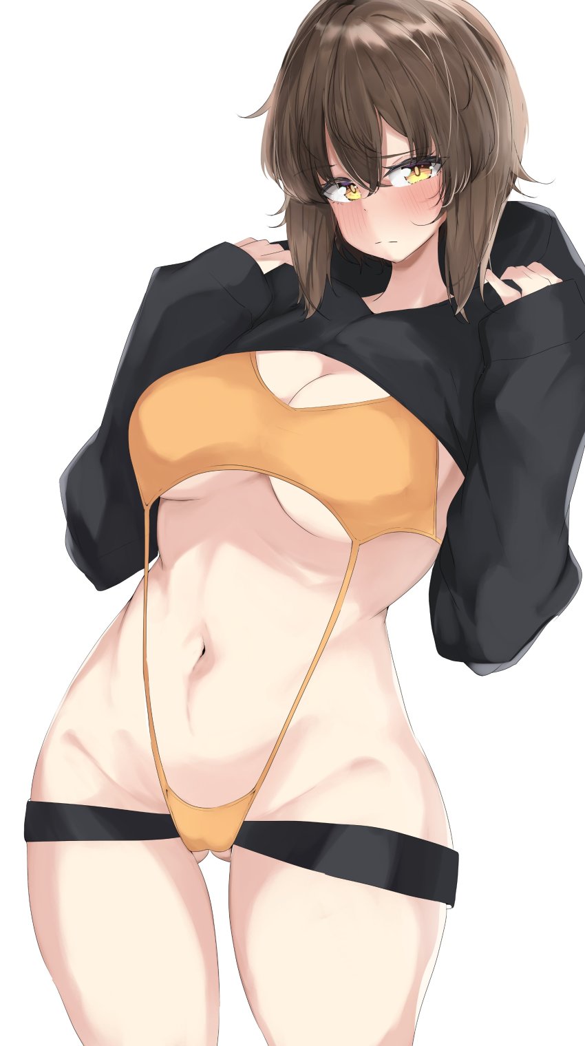 1girl absurdres black_hoodie blush breasts brown_eyes brown_hair cleavage closed_mouth commentary cowboy_shot frown girls_und_panzer gluteal_fold half-closed_eyes highres hood hoodie kshimu large_breasts long_sleeves looking_at_viewer navel nishizumi_maho one-piece_swimsuit orange_one-piece_swimsuit short_hair shrug_(clothing) simple_background slingshot_swimsuit solo standing swimsuit white_background