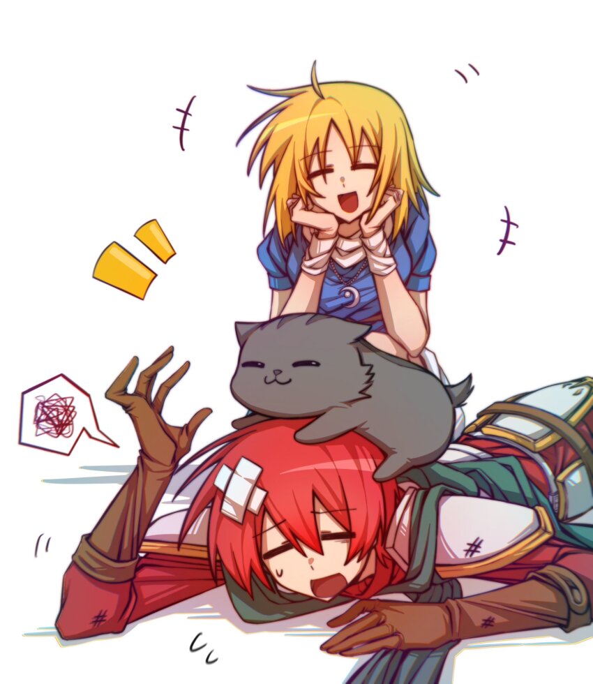 1boy 1girl adol_christin annoyed arkibk armor bandaid bandaid_on_head blonde_hair closed_eyes crossed_bandaids elena_stoddart flying_sweatdrops gloves hands_on_own_cheeks hands_on_own_face highres jewelry laughing leather leather_gloves lying necklace on_stomach pikkard_(ys) red_hair simple_background sweatdrop white_background ys ys_iii:_wanderers_from_ys