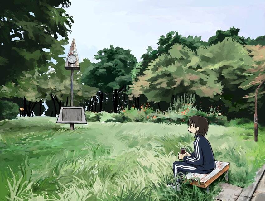 1girl ag24q analog_clock bench black_hair blue_jacket blue_pants bush clock cup disposable_coffee_cup disposable_cup grass highres holding holding_cup jacket nature original overcast pants park real_world_location scenery short_hair sitting sky smile solo tokyo_(city) track_jacket track_suit tree