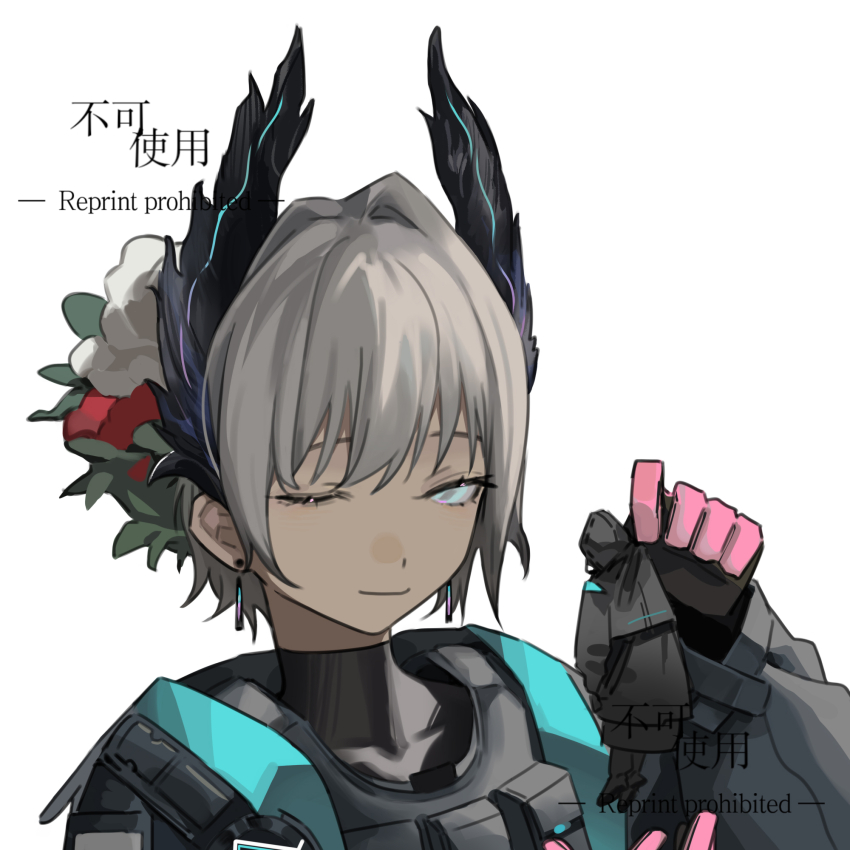 1girl 1other arknights bird_girl black_gloves blue_eyes commentary_request dark-skinned_female dark_skin doctor_(arknights) flower gloves grey_hair hair_flower hair_ornament head_wings highres holding holding_mini_person longshengyan mini_person one_eye_closed pink_gloves raidian_(arknights) red_flower short_hair simple_background unusually_open_eyes white_background white_flower wings