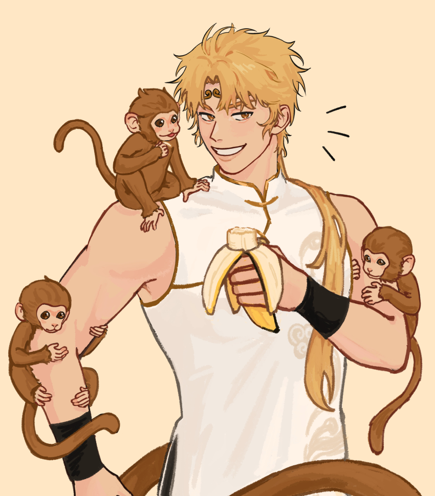 1boy absurdres animal animal_on_arm animal_on_shoulder banana bangle blonde_hair bracelet curtained_hair dokjasepilogue food fruit grin hair_over_shoulder headband highres holding holding_food holding_fruit jewelry kemonomimi_mode looking_at_viewer low_ponytail mandarin_collar monkey monkey_tail notice_lines omniscient_reader&#039;s_viewpoint ponytail shirt sleeveless sleeveless_shirt smile sun_wukong_(omniscient_reader&#039;s_viewpoint) tail toned toned_male white_changpao yellow_eyes