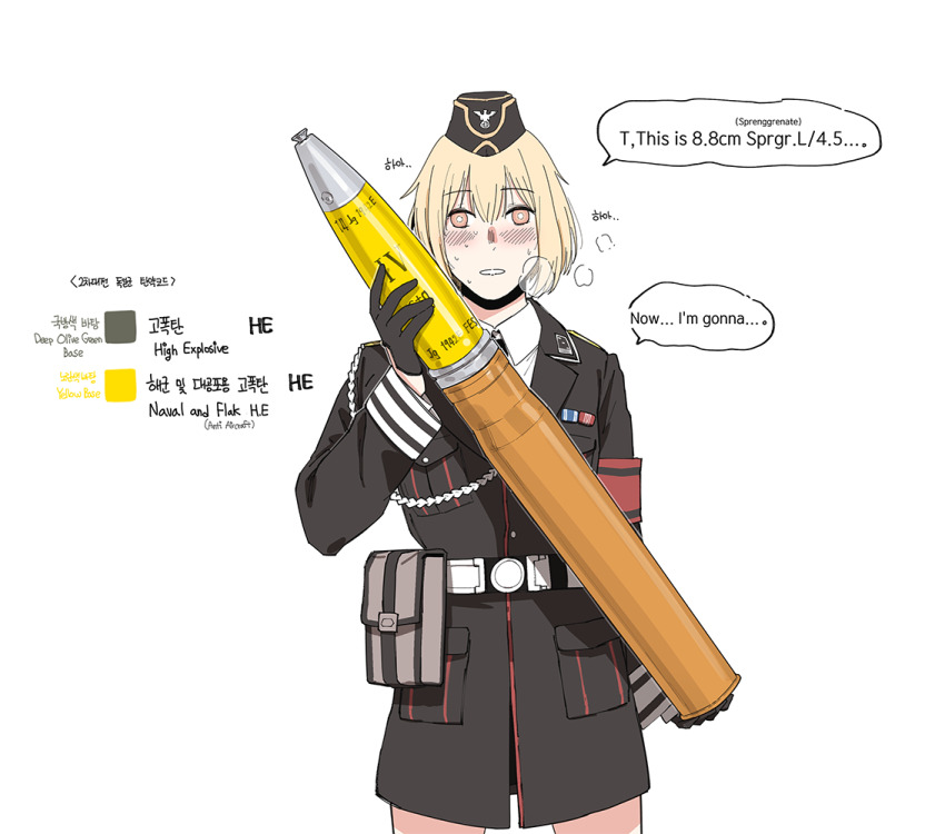 1girl ammunition armband artillery_shell blonde_hair blush breath bright_pupils bullet english_text girls&#039;_frontline hat holding holding_bullet huqu jacket looking_at_viewer military_uniform mp40_(girls&#039;_frontline) red_armband roman_numeral solo sweat white_pupils