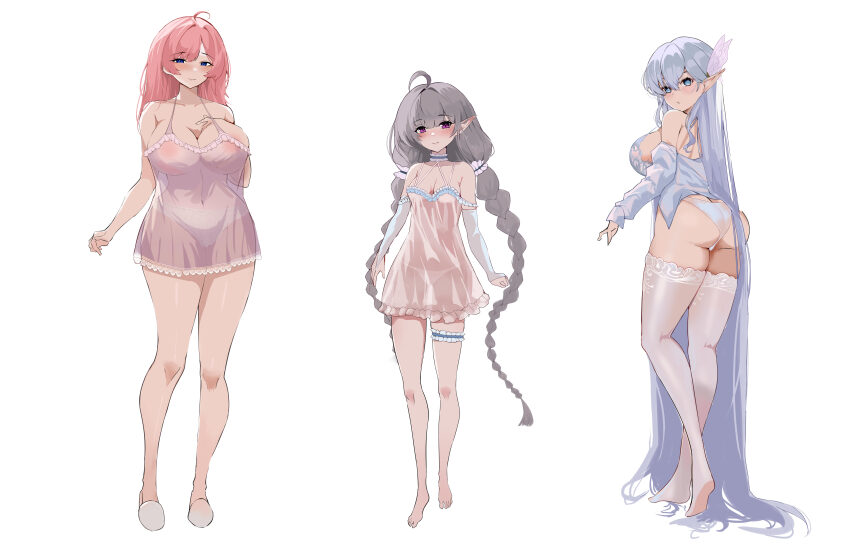 3girls absurdres ahoge albion_(a_fairy-tale_breakfast)_(azur_lane) albion_(azur_lane) ass azur_lane babydoll bare_shoulders barefoot blue_eyes blue_hair blush braid breasts butt_crack closed_mouth covered_navel evertsen_(azur_lane) evertsen_(basking_by_the_window)_(azur_lane) from_behind full_body grey_hair hand_on_own_chest highres huge_breasts kazan_(azur_lane) kazan_(the_warm_morning_sunshine)_(azur_lane) lace lace-trimmed_thighhighs lace_trim large_breasts light_blush long_hair looking_at_viewer looking_back low_twin_braids medium_breasts medium_hair multiple_girls official_alternate_costume panties parted_lips pink_babydoll pink_hair pointy_ears purple_eyes see-through_babydoll see-through_clothes she_taizi shirt simple_background sketch smile standing thighhighs toes twin_braids underwear very_long_hair white_background white_panties white_shirt white_thighhighs