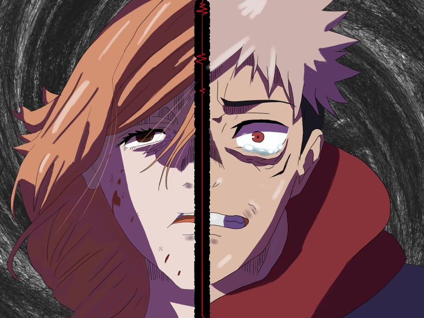 absurdres highres itadori_yuuji jujutsu_kaisen kugisaki_nobara modo orange_hair pink_hair red_eyes tears