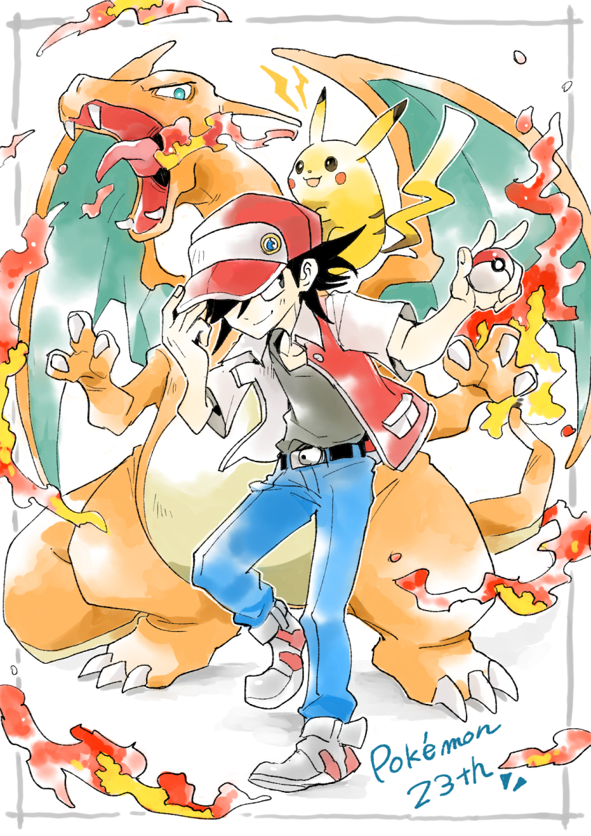 1boy anniversary belt black_belt black_hair blue_pants charizard claws closed_mouth copyright_name creatures_(company) fire flame-tipped_tail game_freak gen_1_pokemon grey_pants grey_shoes highres holding holding_poke_ball jacket kumakoro_(tetsupag) male_focus nintendo open_mouth pants pikachu poke_ball poke_ball_(basic) pokemon pokemon_(creature) pokemon_rgby red_(pokemon) red_hair red_jacket shoes smile sugimori_ken_(style)