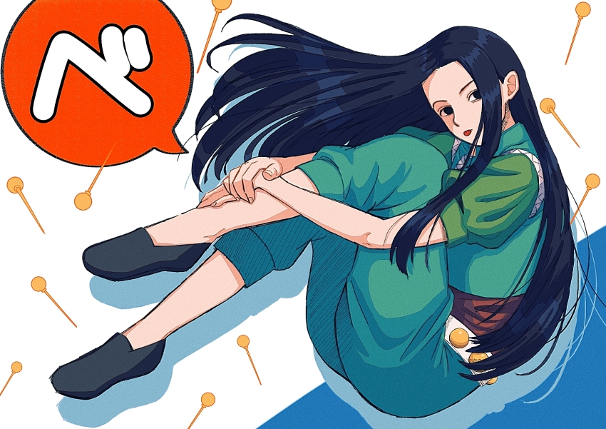 1boy :p black_eyes black_footwear black_hair crop_top crop_top_overhang floating floating_hair full_body green_pants green_shirt hands_on_own_legs highres hunter_x_hunter illumi_zoldyck long_hair looking_at_viewer needle pants puffy_sleeves red_undershirt shirt solo thicopoyo tongue tongue_out