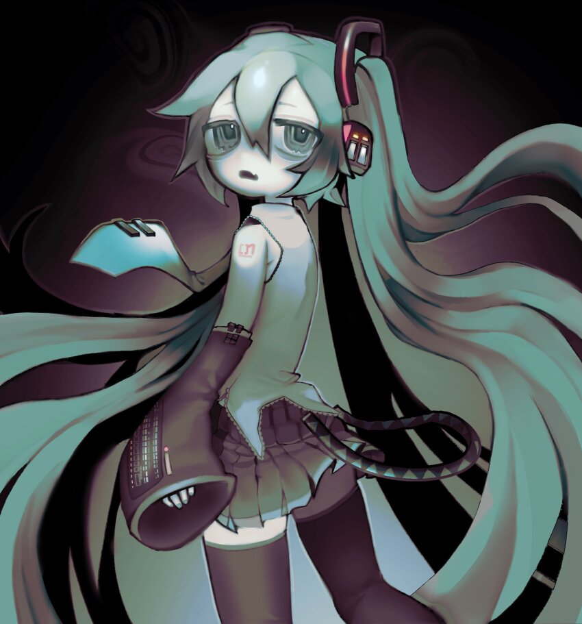 1girl absurdres aqua_eyes aqua_hair aqua_nails aqua_necktie black_sleeves detached_sleeves fang hatsune_miku headphones headset highres long_hair necktie nekowase number_tattoo open_mouth pleated_skirt shirt simple_background skin_fang skirt sleeveless sleeveless_shirt sleeves_past_wrists solo tattoo thighhighs twintails very_long_hair vocaloid