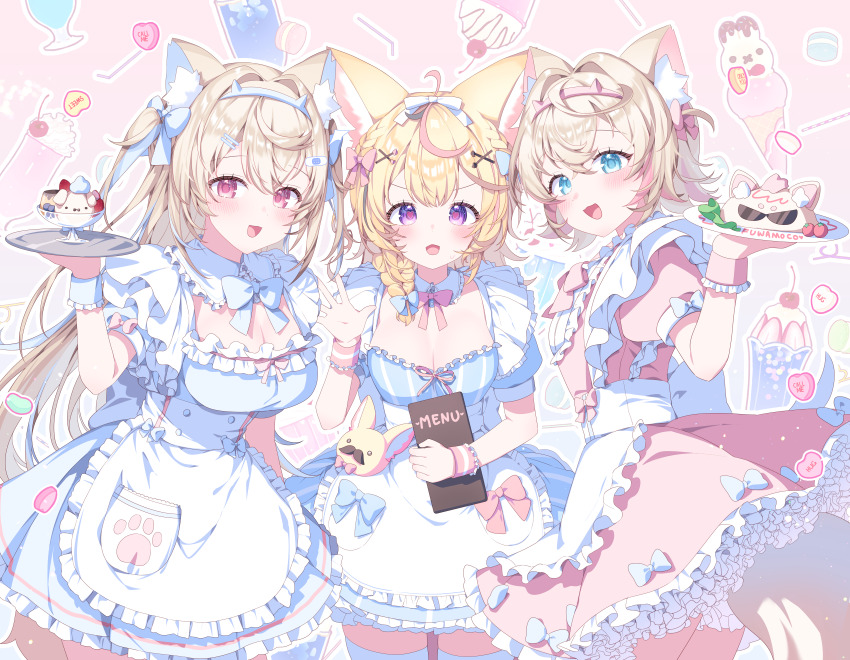 3girls absurdres ahoge alternate_costume animal_ear_fluff animal_ears apron blonde_hair blue_dress blue_eyes blue_hair blue_hairband blush breasts cleavage commentary_request cowboy_shot dog_ears dog_girl dog_tail dress fox_ears fox_girl from_behind fuwawa_abyssgard hairband heart heart-shaped_pupils highres holding holding_menu holding_plate hololive hololive_english kio_is_here large_breasts long_hair looking_at_viewer looking_back maid medium_breasts medium_hair menu mococo_abyssgard multicolored_hair multiple_girls omaru_polka open_mouth pink_dress pink_eyes pink_hair plate purple_eyes short_hair siblings sisters smile speech_bubble spiked_hairband spikes streaked_hair symbol-shaped_pupils tail twins two-tone_hair virtual_youtuber