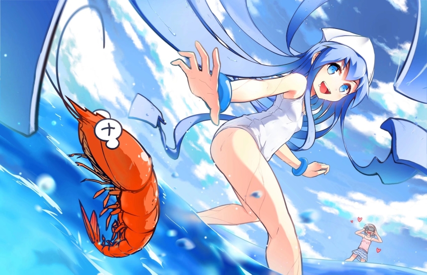 2girls blue_eyes blue_hair bracelet hat highres ikamusume jewelry long_hair multiple_girls nagatsuki_sanae ocean one-piece_swimsuit prehensile_hair shinryaku!_ikamusume shrimp squid_girl squid_hat swimsuit taking_picture tentacle_hair water white_one-piece_swimsuit xh