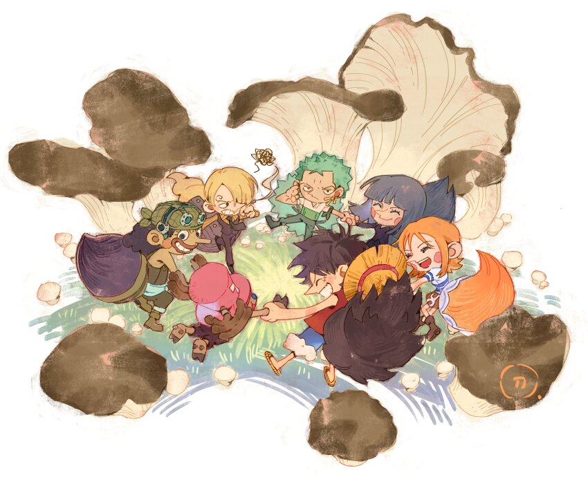 2girls 5boys ^_^ absurdres antlers bandana_around_arm black_hair black_suit blonde_hair blue_hair blue_shorts blunt_bangs blush_stickers boots brown_overalls closed_eyes commentary_request curly_eyebrows earrings formal_clothes green_hair haramaki hat highres horns jewelry long_nose medium_hair monkey_d._luffy multiple_boys multiple_girls mushroom nami_(one_piece) nami_(one_piece)_(east_blue) nico_robin one_piece orange_hair overalls red_shirt reindeer_antlers roronoa_zoro sandals sanji_(one_piece) shirt short_hair shorts siyangou49 skirt sleeveless smile straw_hat suit tail tony_tony_chopper usopp