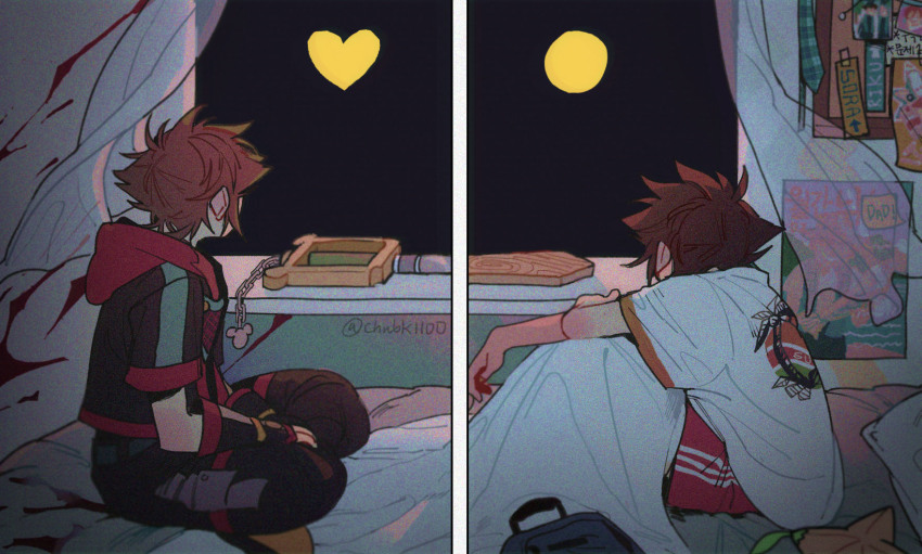 1boy backpack bag brown_hair bulletin_board commentary curtains english_commentary fingerless_gloves full_moon gloves hat_babo highres hood hooded_jacket jacket keyblade kingdom_hearts looking_outside male_focus moon multiple_views on_bed poster_(object) shirt sitting sora_(kingdom_hearts) spiked_hair window