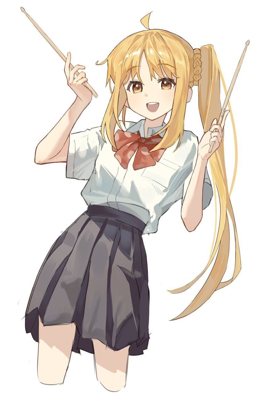 1girl :d ahoge black_skirt blonde_hair bocchi_the_rock! bow bowtie collared_shirt cropped_legs drumsticks hands_up highres holding holding_drumsticks ijichi_nijika long_hair looking_at_viewer open_mouth parted_bangs pleated_skirt red_bow red_bowtie school_uniform schu_1112 shimokitazawa_high_school_uniform shirt short_sleeves side_ponytail sidelocks simple_background skirt smile solo white_background white_shirt yellow_eyes