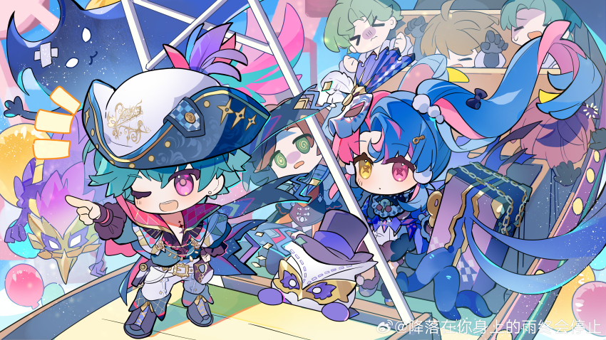 1boy 1girl absurdres black_collar blue_hair blue_shirt brant_(wuthering_waves) chibi chibi_only chinese_commentary collar commentary_request eye_mask hat hat_feather heterochromia highres key_hair_ornament long_hair mask mask_on_head multicolored_hair official_art one_eye_closed open_clothes open_mouth open_shirt pants people pero_(wuthering_waves) pink_eyes pink_hair pointing pointing_forward purple_eyes roccia_(wuthering_waves) saucer_(saucer752) shirt short_hair smile standing suitcase symbol-shaped_pupils tacet_discord_(wuthering_waves) tacet_mark_(wuthering_waves) tricorne twintails two-tone_hair white_pants wuthering_waves x-shaped_pupils yellow_eyes