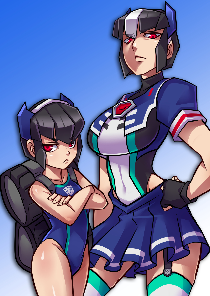 &gt;:&lt; :&lt; absurdres autobot backpack bag black_hair breasts cerebros closed_mouth contrapposto covered_navel crossed_arms dual_persona fingerless_gloves fortress_maximus frown garter_straps genderswap genderswap_(mtf) gloves hairband hand_on_own_hip highres large_breasts miniskirt multicolored_hair personification red_eyes ryuusei_(mark_ii) serious sidelocks skirt standing striped_legwear swimsuit thighhighs transformers turtleneck two-tone_hair v-shaped_eyebrows white_hair