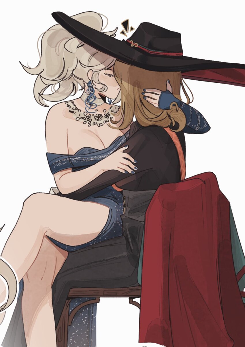 2girls black_hat black_pants black_shirt blue_dress blue_nails breasts brown_hair cleavage closed_eyes closed_mouth dress eternity_(reverse:1999) hand_on_another&#039;s_arm hand_on_another&#039;s_head hat highres imminent_kiss jacket large_breasts large_hat long_hair long_sleeves multiple_girls off-shoulder_dress off_shoulder pants reverse:1999 shirt shwimzii simple_background sitting sitting_on_lap sitting_on_person tennant_(reverse:1999) unworn_jacket white_background white_hair yuri