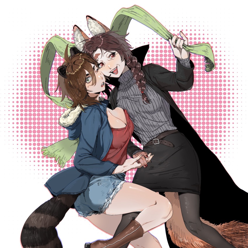 2girls ahoge animal_ear_fluff animal_ears belt black_coat black_pantyhose black_skirt blue_shorts boots braid breasts brown_belt brown_boots brown_hair chinese_commentary cleavage coat commentary_request denim denim_shorts fang fox_ears fox_girl fox_tail fur-trimmed_jacket fur_trim genderswap genderswap_(mtf) green_eyes grey_sweater harada_minoru highres holding holding_hands holding_unworn_clothes holding_unworn_scarf hood hood_down hooded_jacket isoi_reiji jacket kemonomimi_mode large_breasts long_hair long_sleeves medium_hair mrkkaochang multiple_girls open_clothes open_coat open_mouth pantyhose pencil_skirt raccoon_ears raccoon_girl raccoon_tail red_eyes red_lips red_nails ribbed_sweater saibou_shinkyoku sanpaku scar scar_on_face scar_on_forehead scar_on_hand scarf shorts side_braid single_braid skirt smile sweater tail turtleneck turtleneck_sweater unworn_scarf