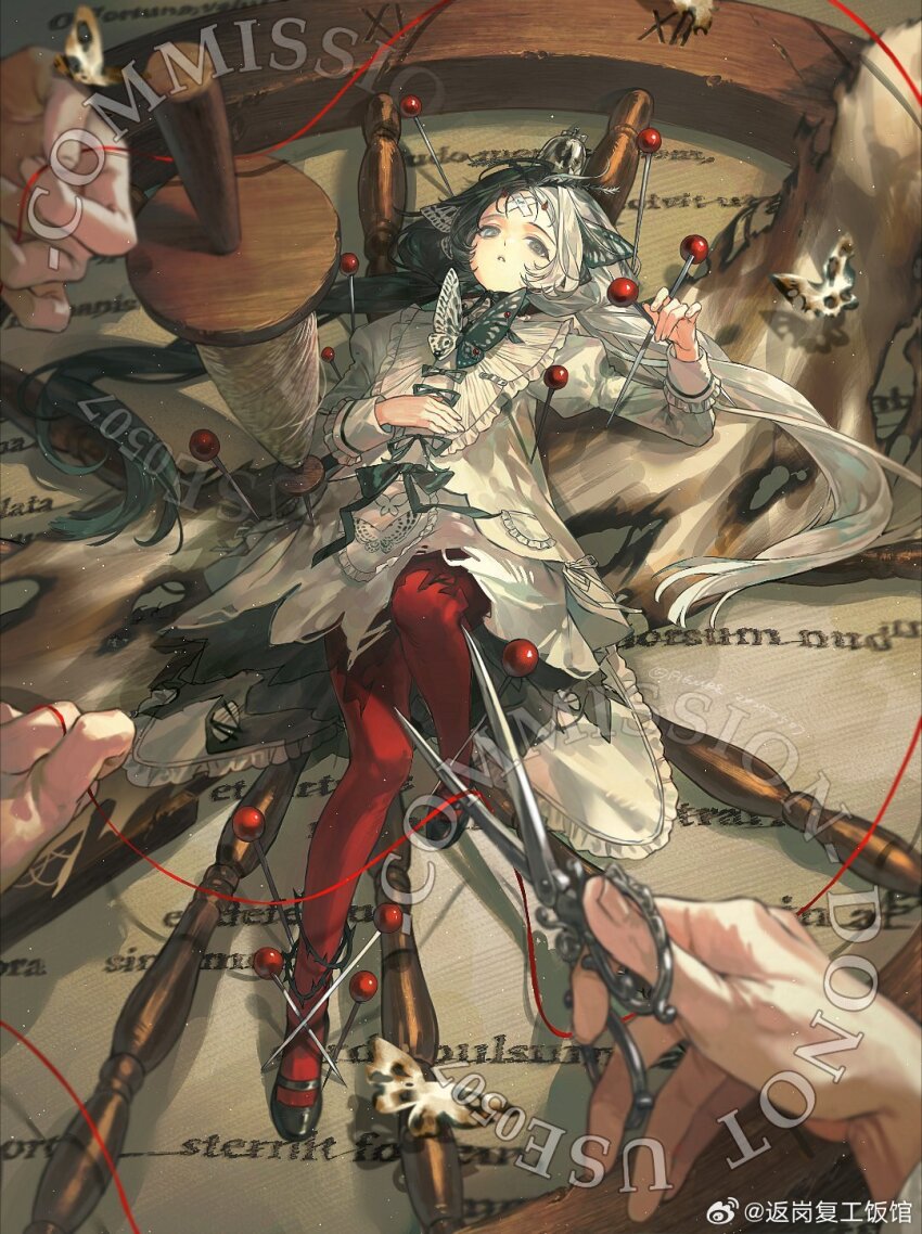 1girl bug doll doll_joints dress grey_eyes highres holding holding_scissors joints long_hair long_sleeves lying needle on_back original pantyhose scissors shoes string string_of_fate table tacfigure thread very_long_hair white_dress white_hair yarn