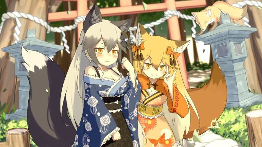 2girls alternate_costume animal_ears bare_shoulders belt black_belt black_bow blue_kimono blush bow brown_hair extra_ears ezo_red_fox_(kemono_friends) floral_print floral_print_kimono fox fox_ears fox_girl fox_shadow_puppet fox_tail frilled_kimono frilled_sleeves frills grey_hair hair_between_eyes hair_bow highres japanese_clothes japari_symbol kemono_friends kimono long_hair long_sleeves looking_at_viewer multicolored_hair multiple_girls obi onefiresticks orange_bow orange_eyes orange_hair orange_kimono print_kimono sash sidelocks silver_fox_(kemono_friends) smile spaghetti_strap tail torii yellow_belt