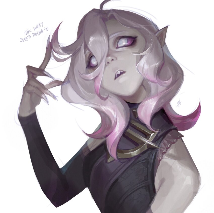 1girl ahoge bare_shoulders black_shirt black_sleeves briar_(league_of_legends) colored_sclera detached_sleeves english_text fingernails grey_eyes grey_hair highres kgynh league_of_legends long_hair pink_hair pink_sclera sharp_fingernails sharp_teeth shirt solo teeth upper_teeth_only white_background