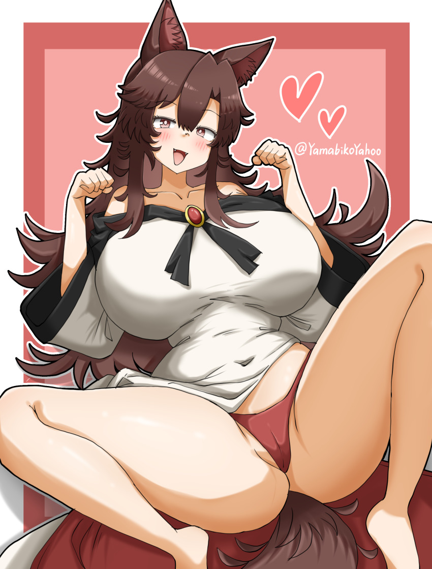 1girl absurdres animal_ears blush breasts brooch brown_hair cameltoe commentary covered_navel dress feet_out_of_frame heart highres huge_breasts imaizumi_kagerou jewelry long_hair long_sleeves looking_at_viewer off-shoulder_dress off_shoulder open_mouth panties partially_visible_vulva paw_pose red_background red_panties smile solo spread_legs symbol-only_commentary tail touhou underwear white_background white_dress wolf_ears wolf_girl wolf_tail yamabikoyahoo