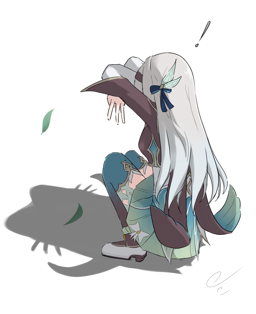 ! 1girl absurdres aqua_dress aqua_skirt aqua_thighhighs black_hairband black_jacket cat cat_shadow_puppet_(meme) cropped_jacket dress falling_leaves firefly_(honkai:_star_rail) grey_hair hair_ornament hair_ribbon hairband hands_up highres honkai:_star_rail honkai_(series) jacket leaf long_hair meme nicel ribbon simple_background skirt solo squatting thighhighs white_background wind