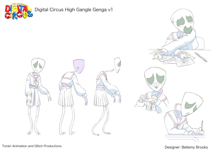 1girl blush bythebelle concept_art gangle_(the_amazing_digital_circus) glitch_productions highres mask official_art school_uniform skirt the_amazing_digital_circus
