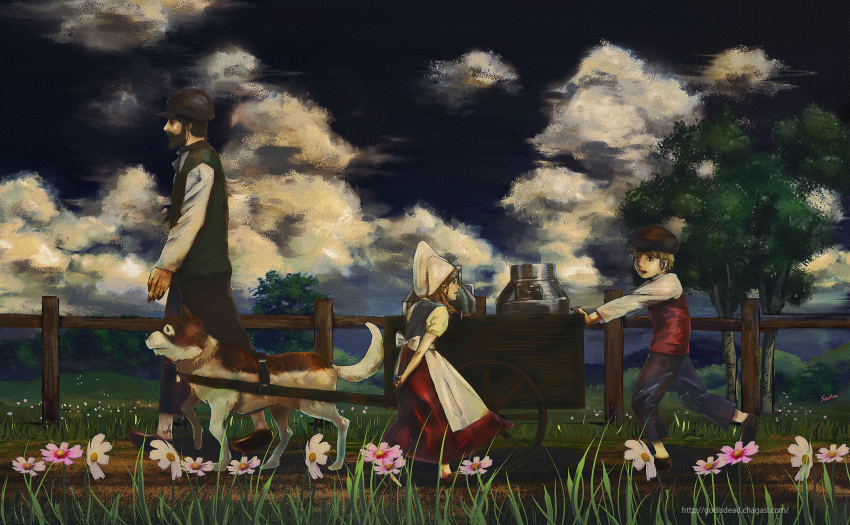 1girl 2boys a_dog_of_flanders aloise_cogez beard black_hat blonde_hair brown_hat child cloud dog facial_hair fence flower hat highres jehan_daas long_sleeves multiple_boys nello_(a_dog_of_flanders) petrasche_(a_dog_of_flanders) red_skirt red_vest shirt skirt socha_(pixiv99744) tree vest wagon walking watermark web_address white_hat white_shirt