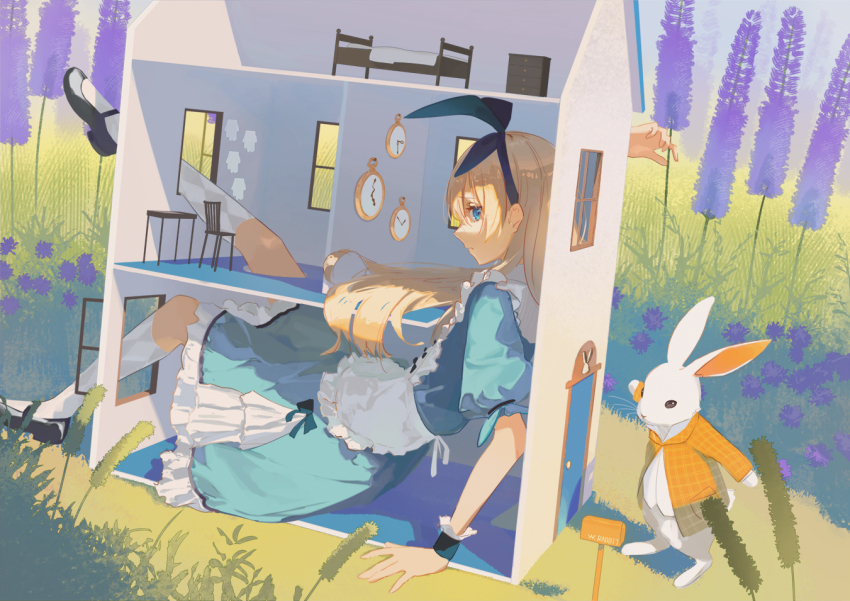 1girl alice_(alice_in_wonderland) alice&#039;s_adventures_in_wonderland arm_up bed black_footwear black_hairband blonde_hair blue_dress blue_eyes blue_hairband blue_ribbon chest_of_drawers closed_mouth commentary doll_house dress english_commentary frilled_dress frills from_side full_body grass hair_between_eyes hairband hand_on_ground jacket kneehighs leg_up loafers long_hair looking_at_viewer orange_jacket pinafore_dress pocket_watch puffy_short_sleeves puffy_sleeves rabbit ribbon shoes short_sleeves sleeveless sleeveless_dress socks solo_focus wakuseiy watch white_rabbit_(alice_in_wonderland) white_socks wrist_cuffs