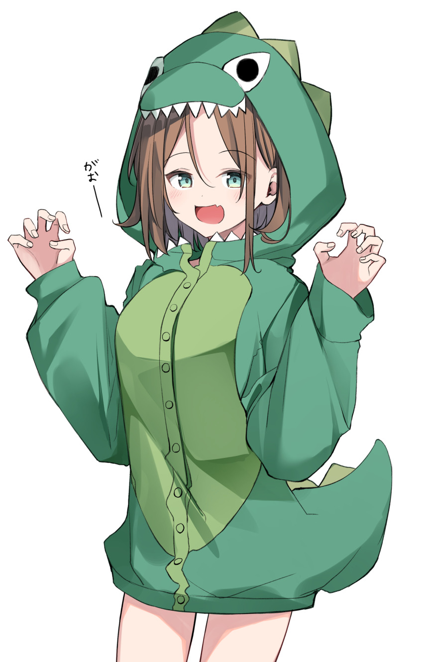 1girl absurdres blush brown_hair claw_pose dinosaur_costume fang green_eyes highres keito4f long_hair medium_hair original simple_background skin_fang solo standing white_background