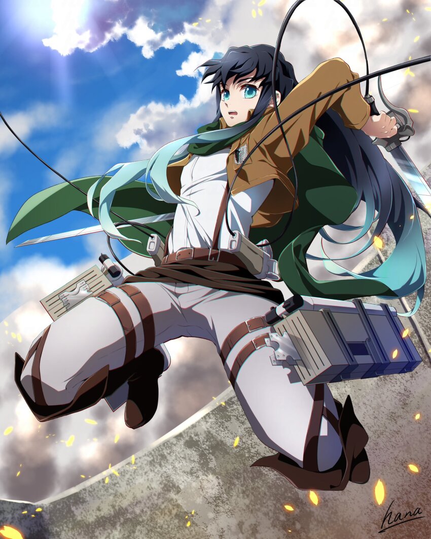 1boy aqua_hair belt black_hair black_jacket cosplay crossover gradient_hair grey_pants hana_ni_nare highres holding holding_sword holding_weapon jacket kimetsu_no_yaiba long_hair long_sleeves looking_at_viewer male_focus multicolored_hair open_mouth pants paradis_military_uniform shingeki_no_kyojin shirt solo sword three-dimensional_maneuver_gear tokitou_muichirou two-tone_hair upper_body weapon white_shirt
