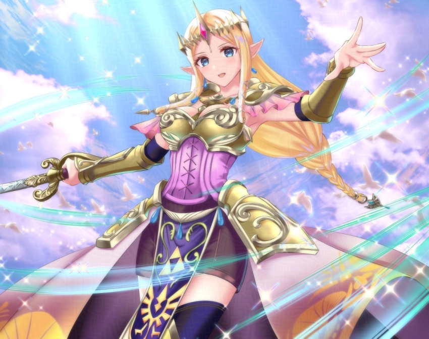 armor armpits bird blonde_hair blue_eyes braid breastplate breasts cleavage cloud corset crown earrings elf gold_crown gold_tiara half-skirt hip_armor holding holding_sword holding_weapon hyrule_warriors jewelry kakiko210 long_hair medium_breasts nintendo pointy_ears princess princess_zelda purple_corset purple_shorts queen rapier shorts shoulder_armor sidelocks sky sparkle sword tapestry the_legend_of_zelda thighhighs tiara weapon wind