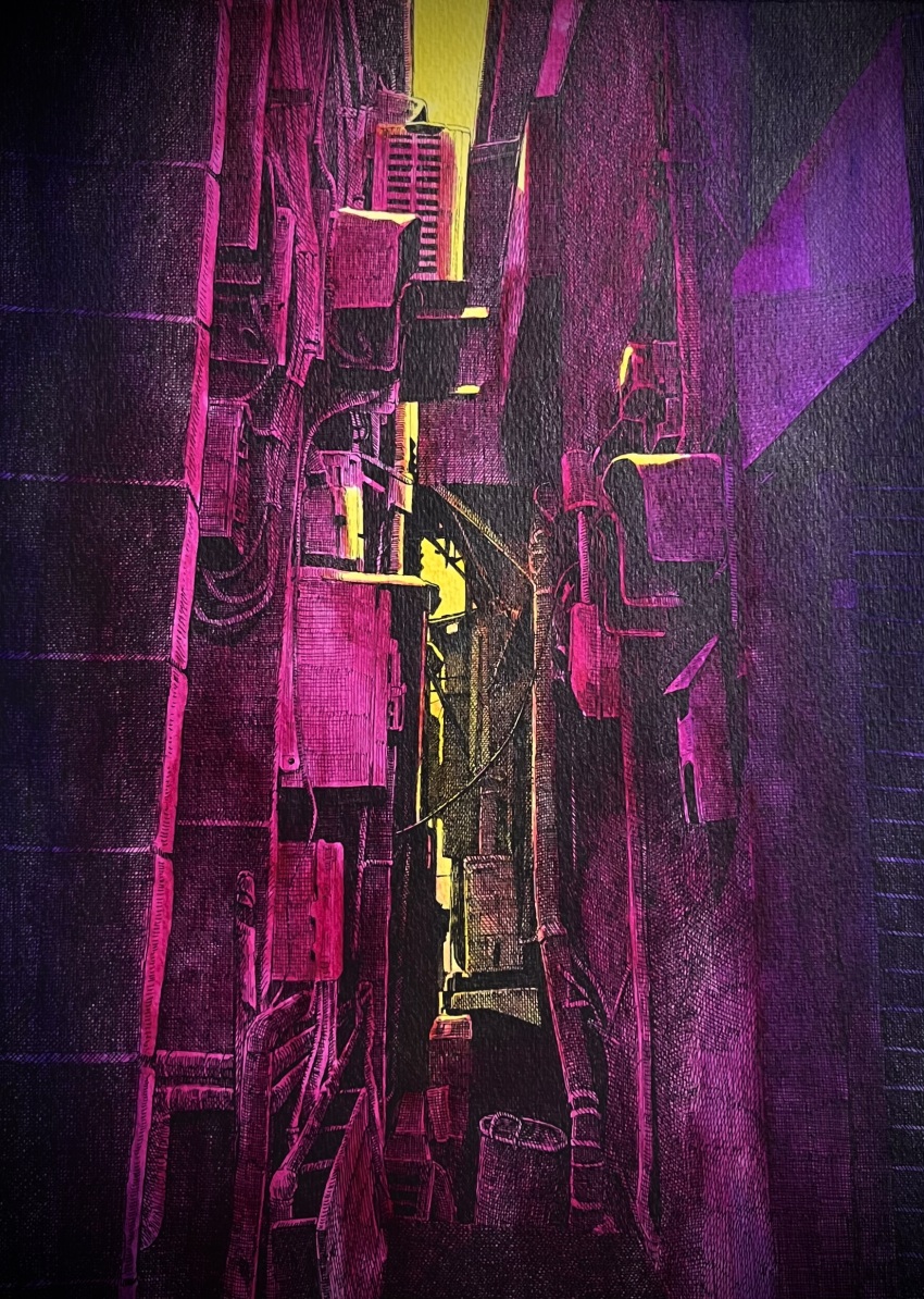 absurdres alley back_alley building color_contrast complex_exterior crosshatching dark hatching_(texture) highres ibsukionsen industrial_pipe linear_hatching no_humans original outdoors purple_theme scenery sky traditional_media yellow_sky